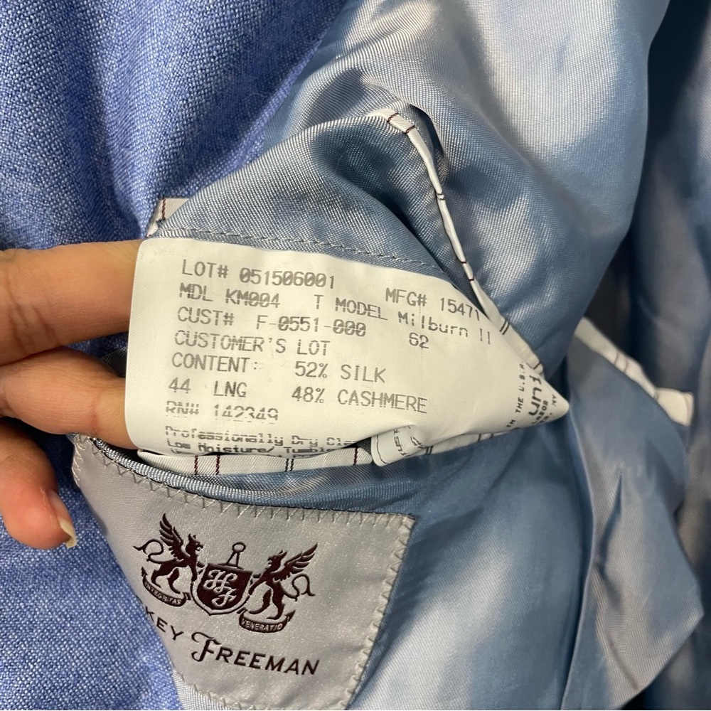 Hickey Freeman Silk‎ Cashmere Blend Blazer Sports Jacket Men 44 Long Light Blue - Picture 9 of 11
